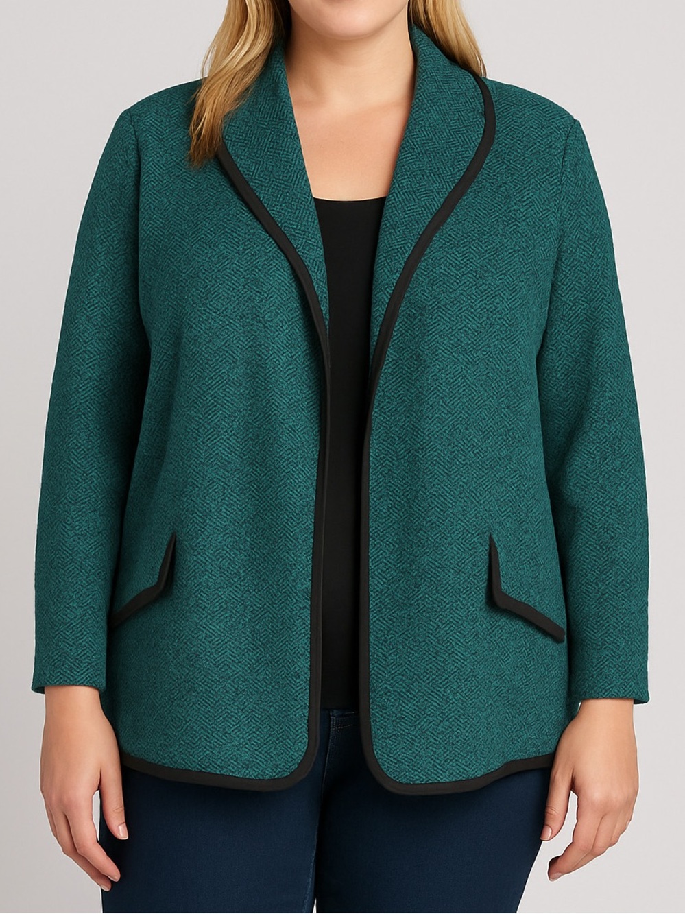 Vintage Wool Green Knit Open-Front Blazer with Black Trim Sz XL